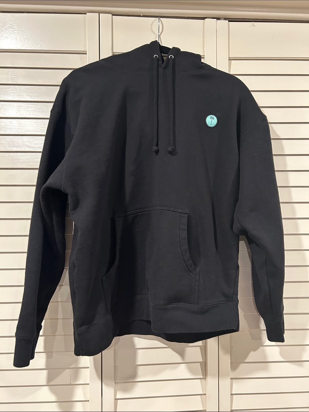 Black Women's Pullover Hoodie with Teal Palm Accent Size L